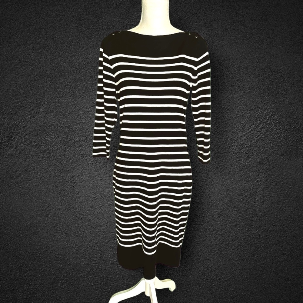 NWT Lauren Ralph Lauren Black & White Stripe Boatneck Dress w Shoulder Laces M
